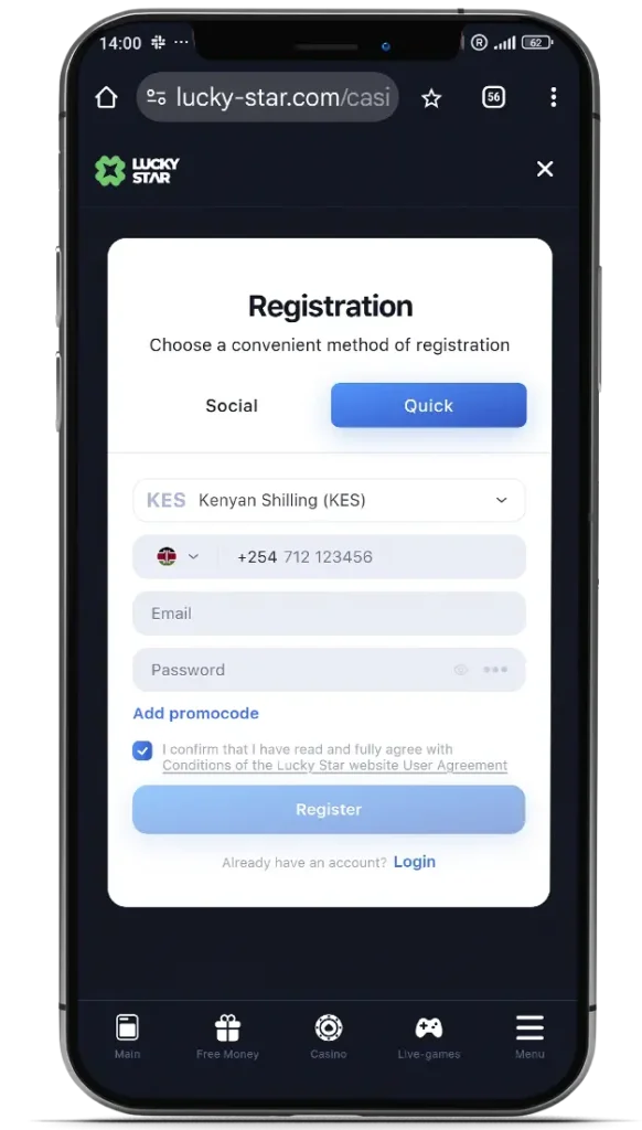 Registration an account Aviator Lucky Star Kenia