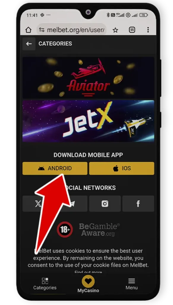 Melbet Aviator app on Android